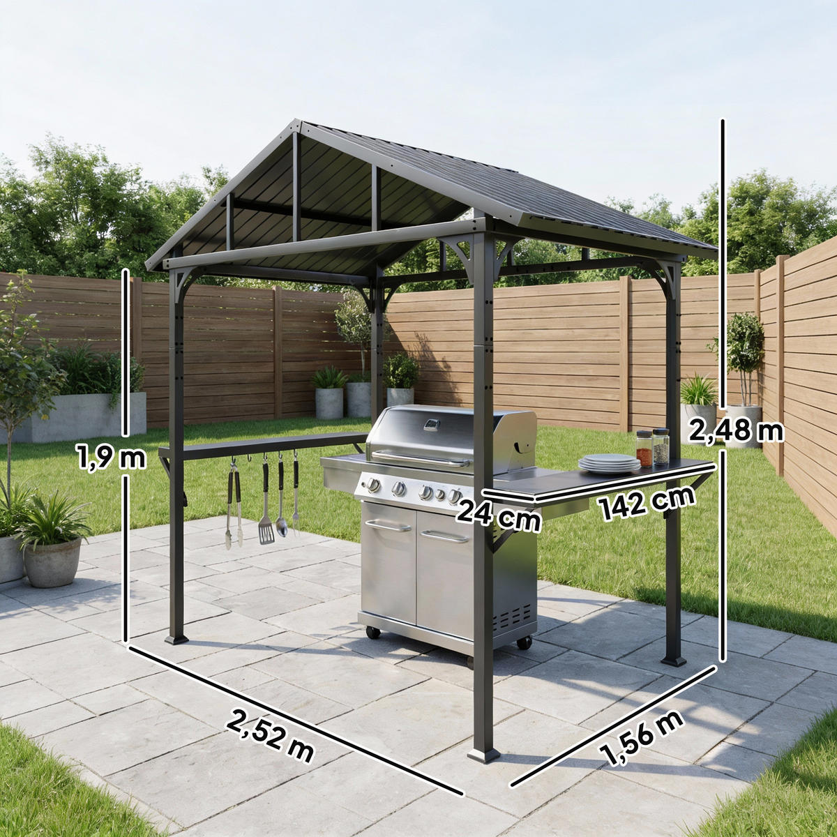 GRILLPAVILLON mit Ablage und Haken Dunkelgrau - Schwarz, Metall (156/248/252cm) - Outsunny