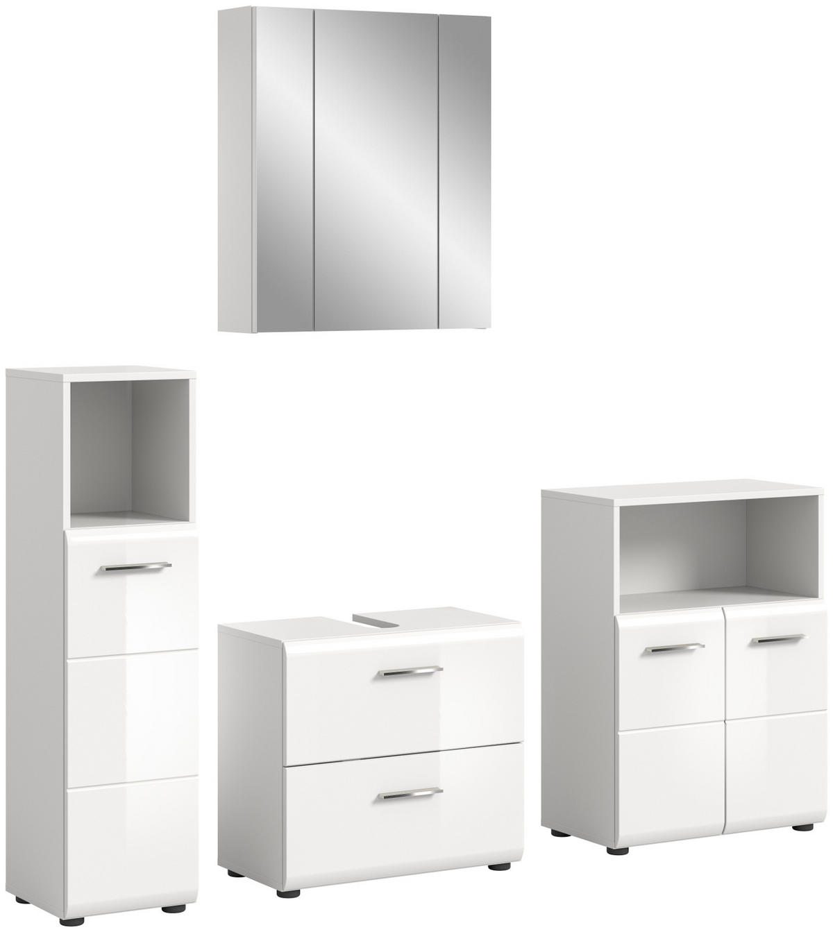 BADMÖBEL Set 4-teilig weiß Hochglanz, Badkombination 180 cm mit viel Stauraum - Weiß Hochglanz/Silberfarben, Glas/Holzwerkstoff (180/185/30cm) - Inn.Furn