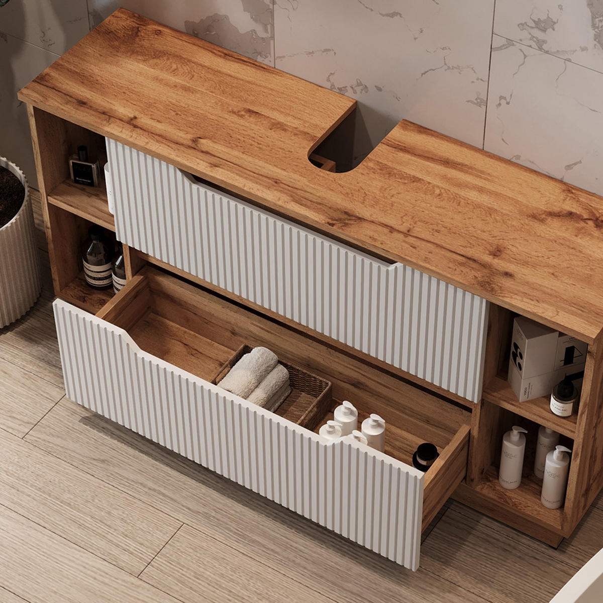 WASCHBECKENUNTERSCHRANK Lotta Eiche/weiß gestreift 119.2 x 62.5 cm mit 2 Schubladen - Eichefarben/Weiß, Holzwerkstoff (119.2/62.5/32cm) - Vicco