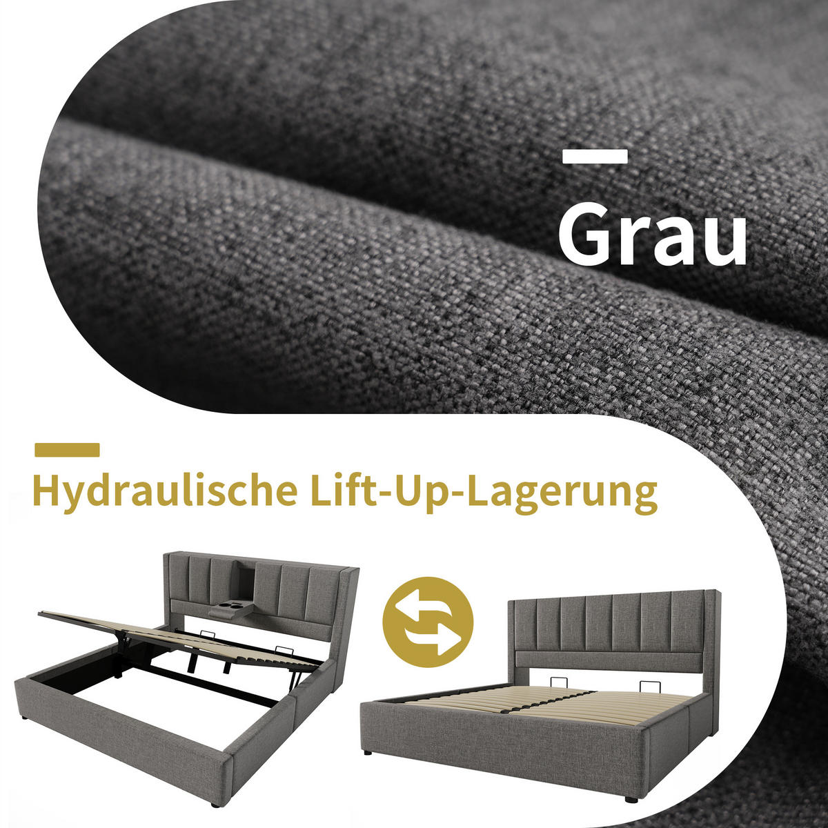 POLSTERBETT 140/190 cm Grau aus Leinen mit Stauraum und integrierter Ladestation - Grau, Textil (140/190cm) - OKWISH