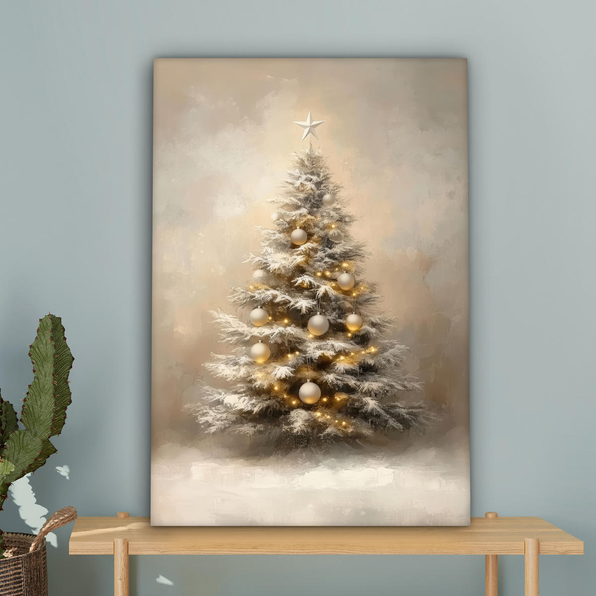 LEINWANDBILD Weihnachten - Weihnachtsbaum - Schnee - Kunst Wanddeko Schlafzimmer 60x90 cm - Champagner, Textil (60/90cm) - MuchoWow