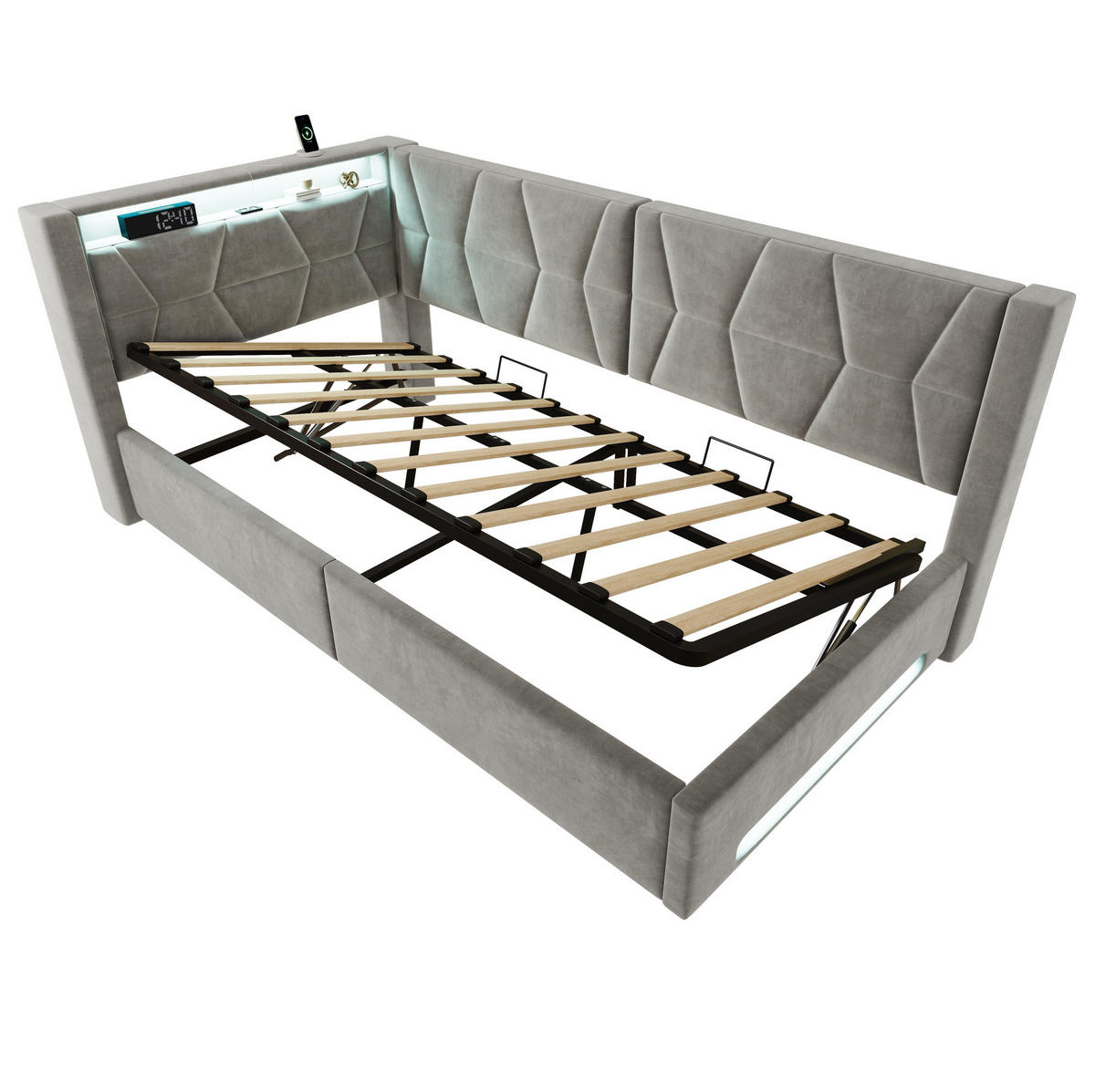 POLSTERBETT 90x200 cm in Dunkelgrau mit Bettkasten, LED-Beleuchtung, USB und Type-C - Dunkelgrau, Metall (90/200cm) - IVMEU
