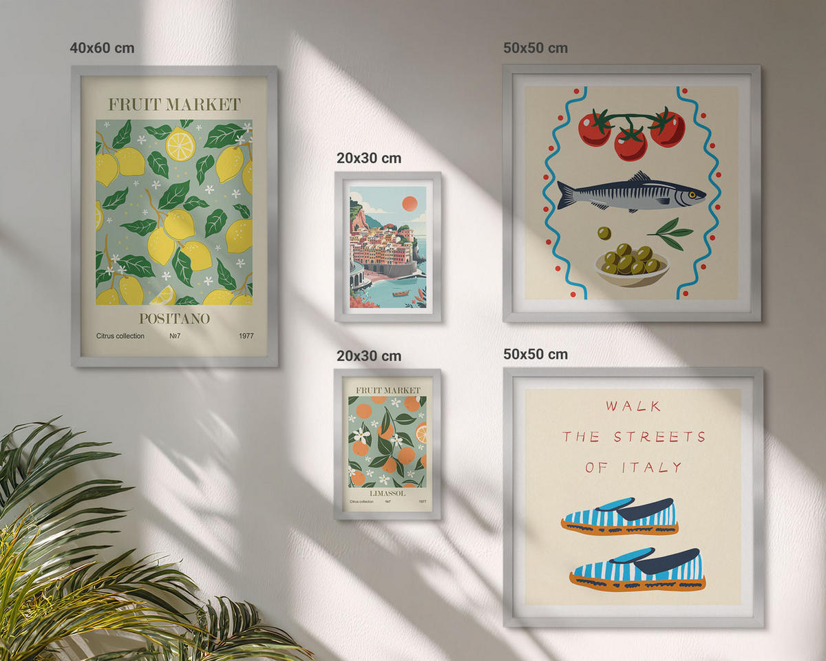 WANDBILDER 5er Set - 50x50 cm & 20x30 cm & 40x60 cm Silberner Rahmen - Italienische Poster mit Fruchtmotiven - Silberfarben, Kunststoff (40/60cm) - ArtPrintCave