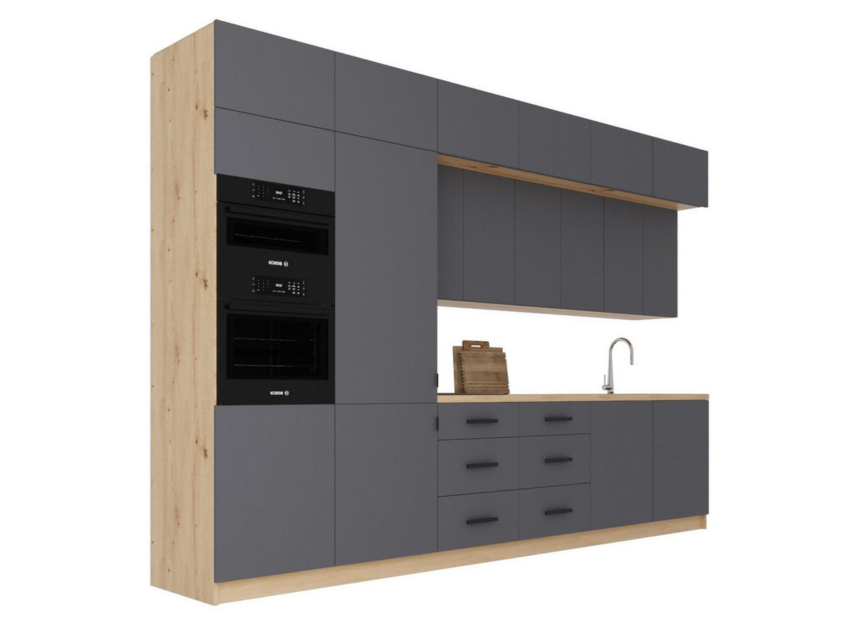 KÜCHENZEILE 360 cm - Nexa K72-G360-L - in Grau / Matt - Schwarz/Grau, Holz/Metall (360/212/58cm) - ROYAL24_MARKT