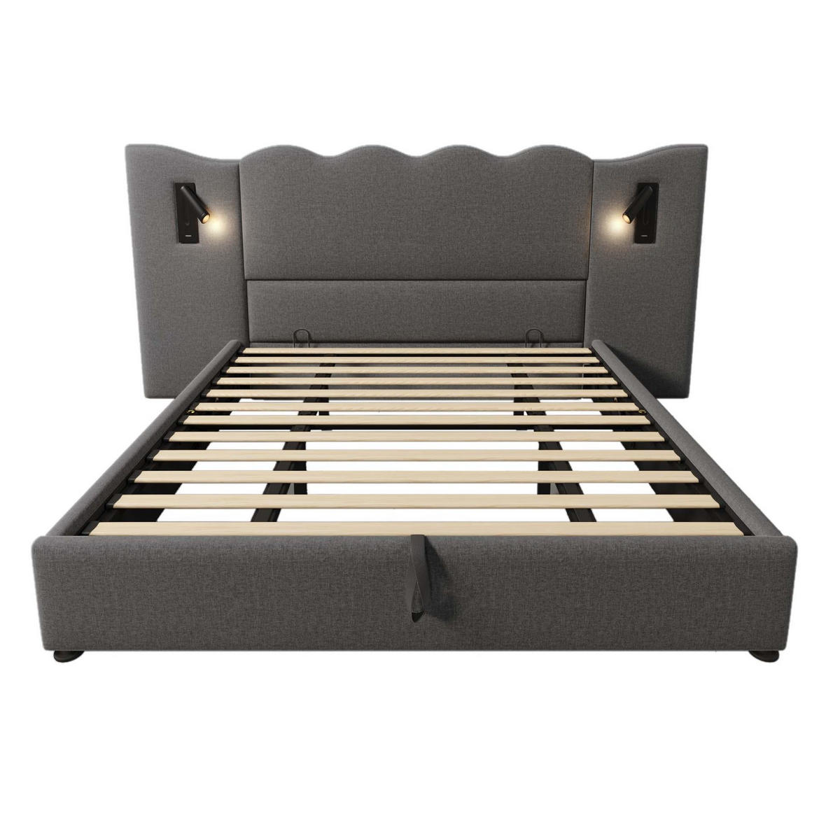 POLSTERBETT 180/200 cm aus Leinen mit Stauraum Leselampe und USB-C Grau - Grau, Textil (180/200cm) - Modenvie