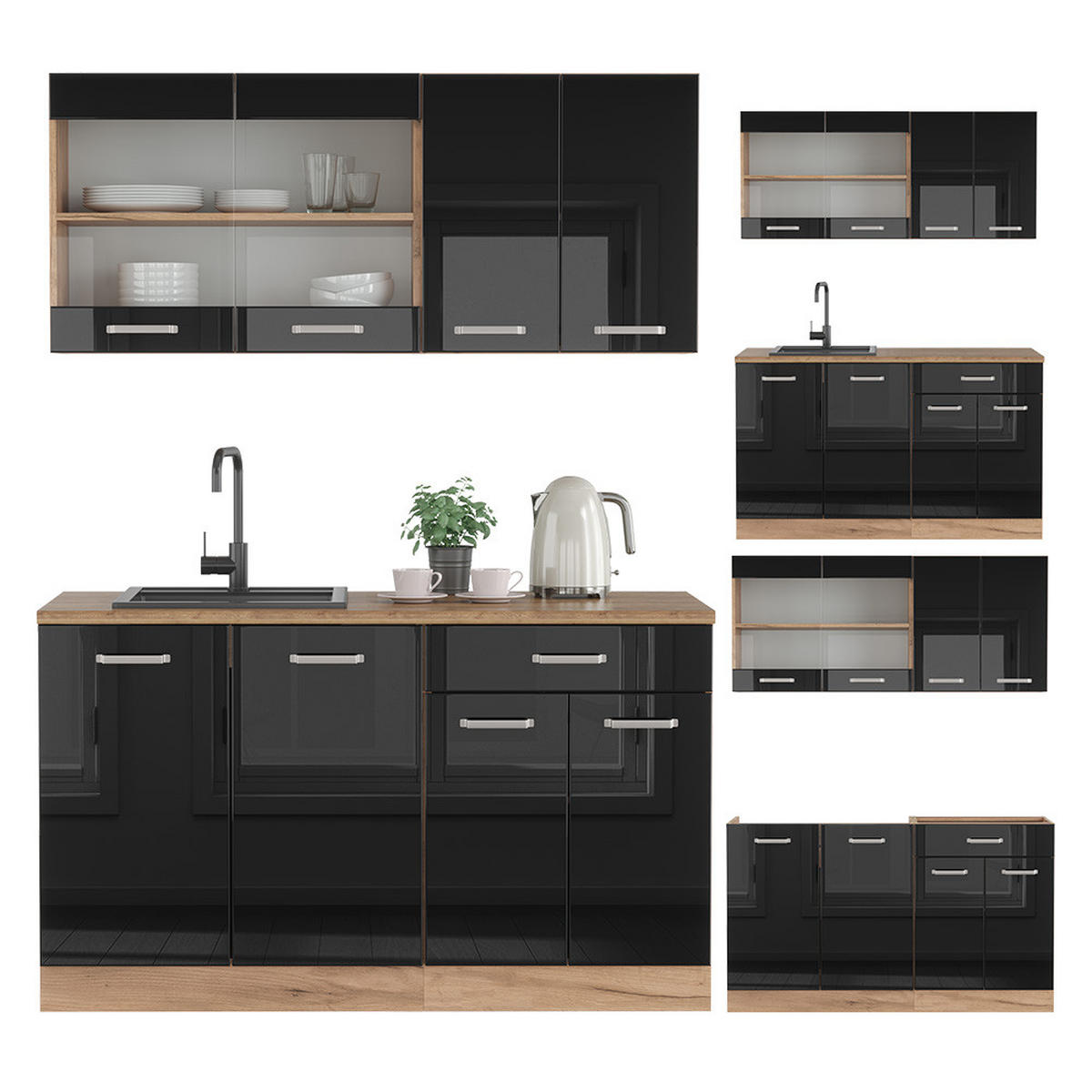 SINGLEKÜCHE R-Line Schwarz Hochglanz/Goldkraft Eiche 140 cm ohne AP - Honigeiche/Schwarz Hochglanz, Holzwerkstoff (140/81.6/46cm) - Vicco