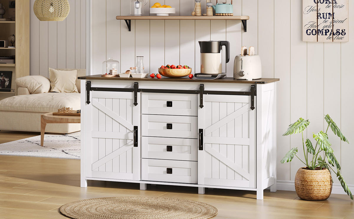 SIDEBOARD im modernen Landhausstil mit 2 Schiebetüren und 4 Schubladen, MDF, 137/40/81,5 cm, Weiß - Weiß, Holzwerkstoff (137/81.5/40cm) - Redom