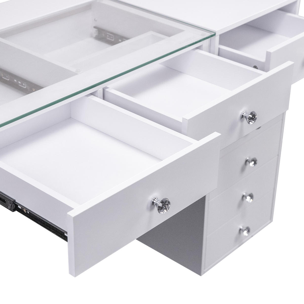 SCHMINKTISCH mit 8 Schubladen 120/55/81 CM und LED Beleuchtung Schminkspiegel Lichtleiste weiß 58/46 cm - Weiß, Holz (55/81/120cm) - VANITII