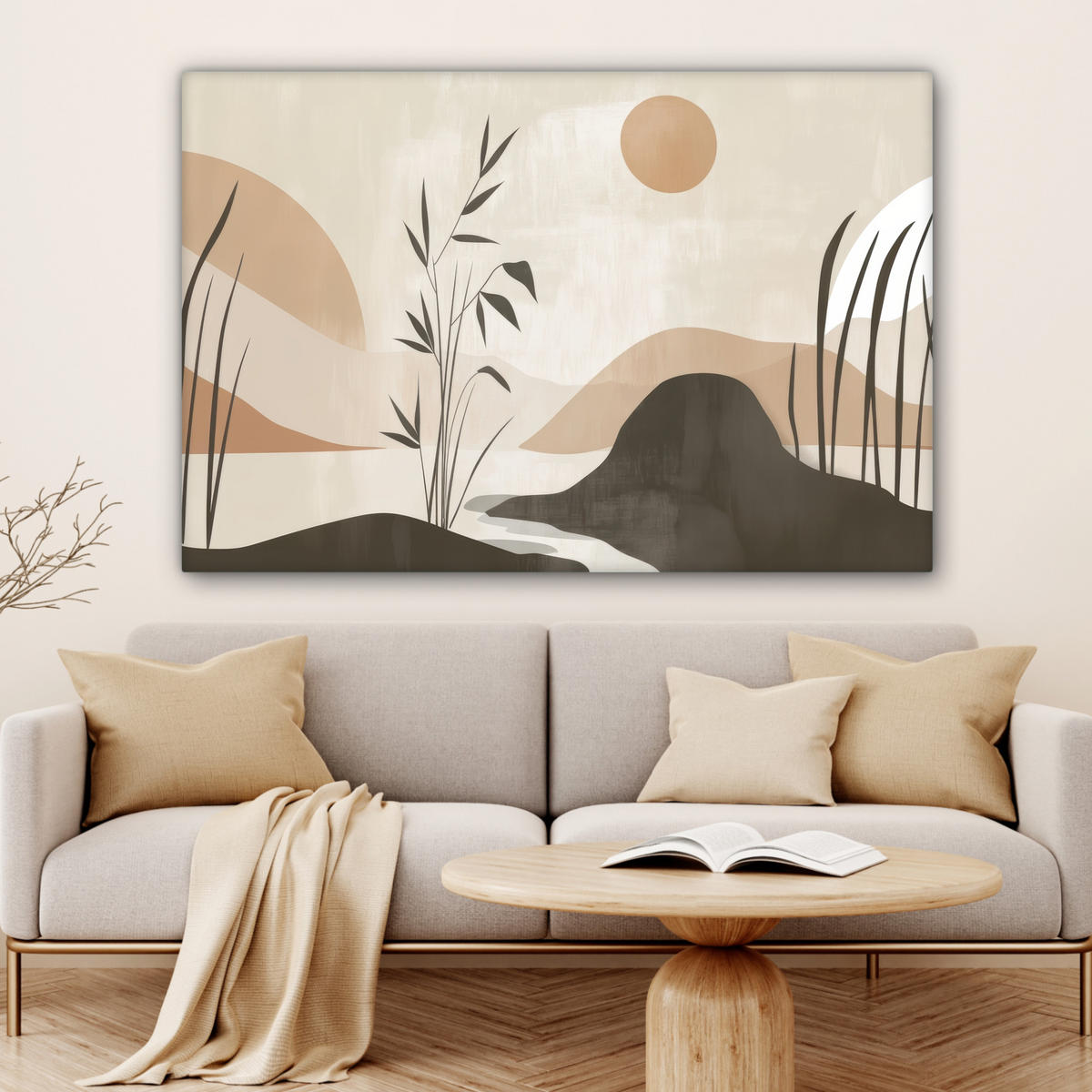 LEINWANDBILD Japandi - Landschaft - Beige XXL 150x100 cm - Cognac, Textil (150/100cm) - MuchoWow