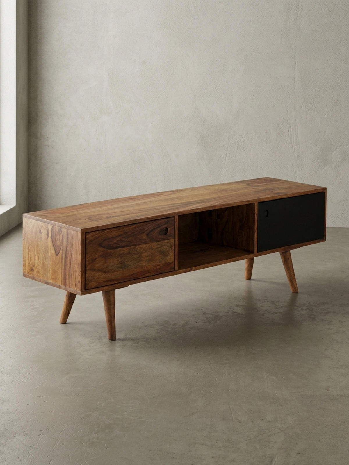 TV-LOWBOARD Massivholz, rustikaler Landhausstil, einzigartige Maserung, Schwarz 140x35x45 cm - Dunkelbraun/Schwarz, Holz (140/45/35cm) - KADIMA DESIGN