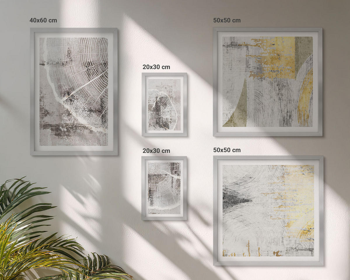 WANDBILDER 5er Set - 50x50 cm & 20x30 cm & 40x60 cm Silberner Rahmen - Beige abstrakte Formen Linien - Silberfarben, Kunststoff (40/60cm) - ArtPrintCave