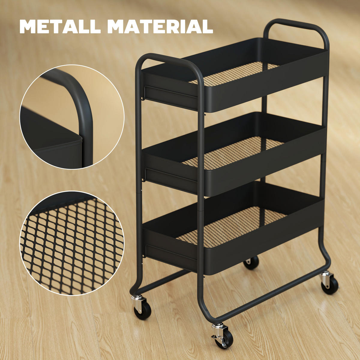 KÜCHENWAGEN Rollwagen mit 3 Ebenen Servierwagen mit Körbe Griff, Küchenregal - Schwarz, Metall (34/87/64.5cm) - HOMCOM