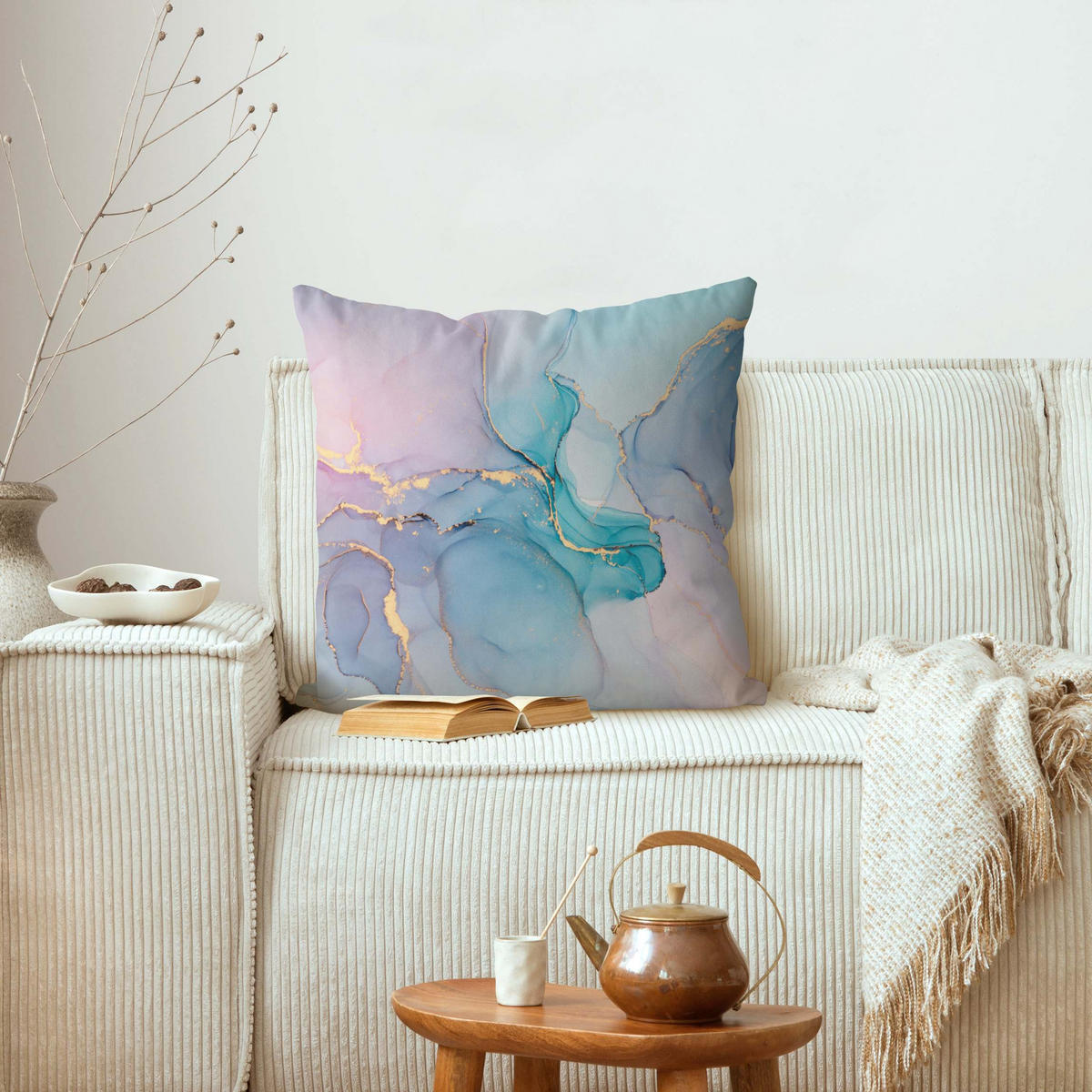 DEKOKISSEN Aquarell Pastell Türkis mit Gold 40/40 cm - Pastellblau, Textil (40/40/10cm) - Bilderwelten