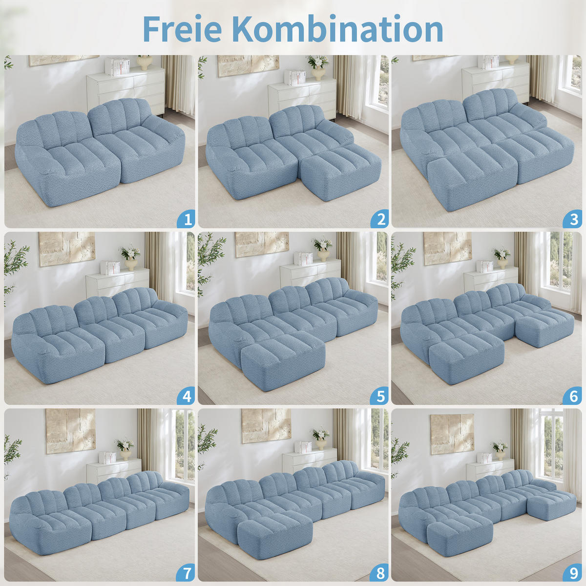 4-SITZER Sofa 366x165x79 cm aus granuliertem Fleece rahmenlos modular mit 2 Ottomans, blau - Blau, Textil (165/79/366cm)