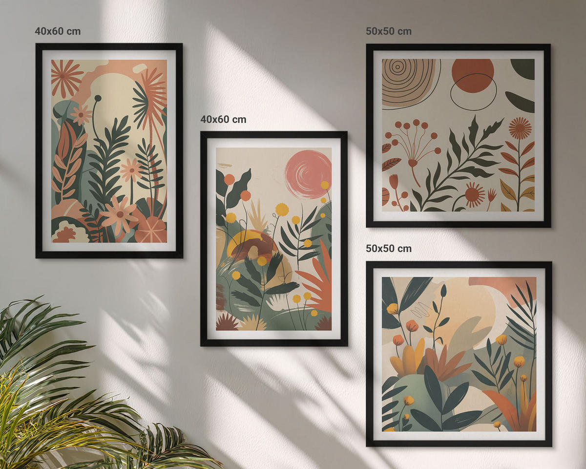 BILDER SET 4er Set - 50x50 cm & 40x60 cm Schwarzer Rahmen - Pastellfarbene Pflanzenmuster - Schwarz, Kunststoff (50/50cm) - TULUP
