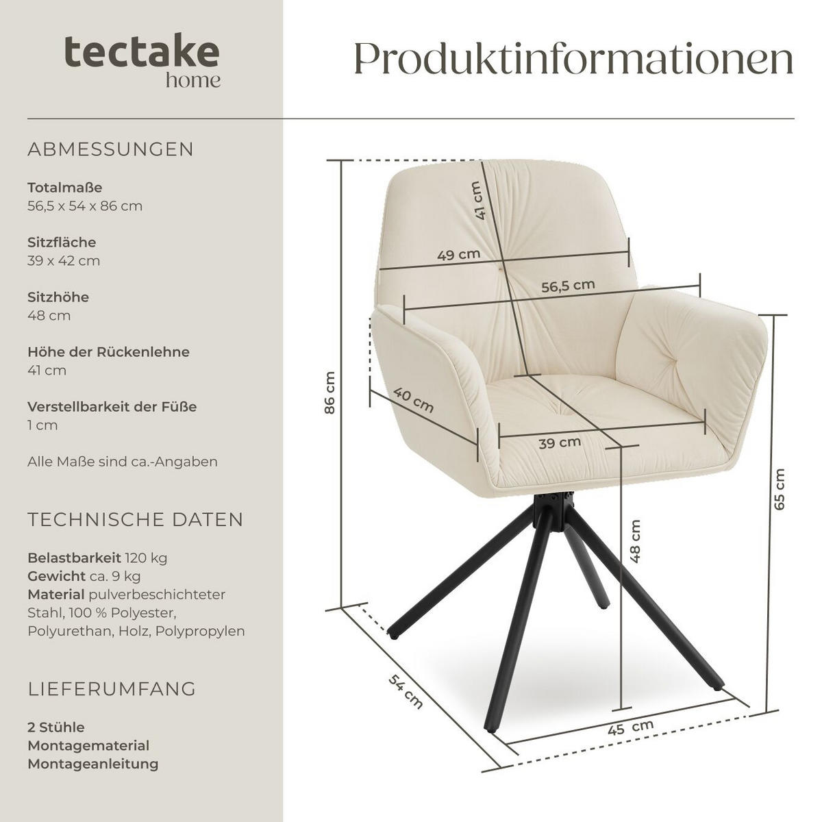 ARMLEHNSTUHL Drehbar Lenia,56,5 x 54 x 86 cm, Samtoptik creme/schwarz - Schwarz/Samtahornfarben, Kunststoff (56.5/86/54cm) - tectake