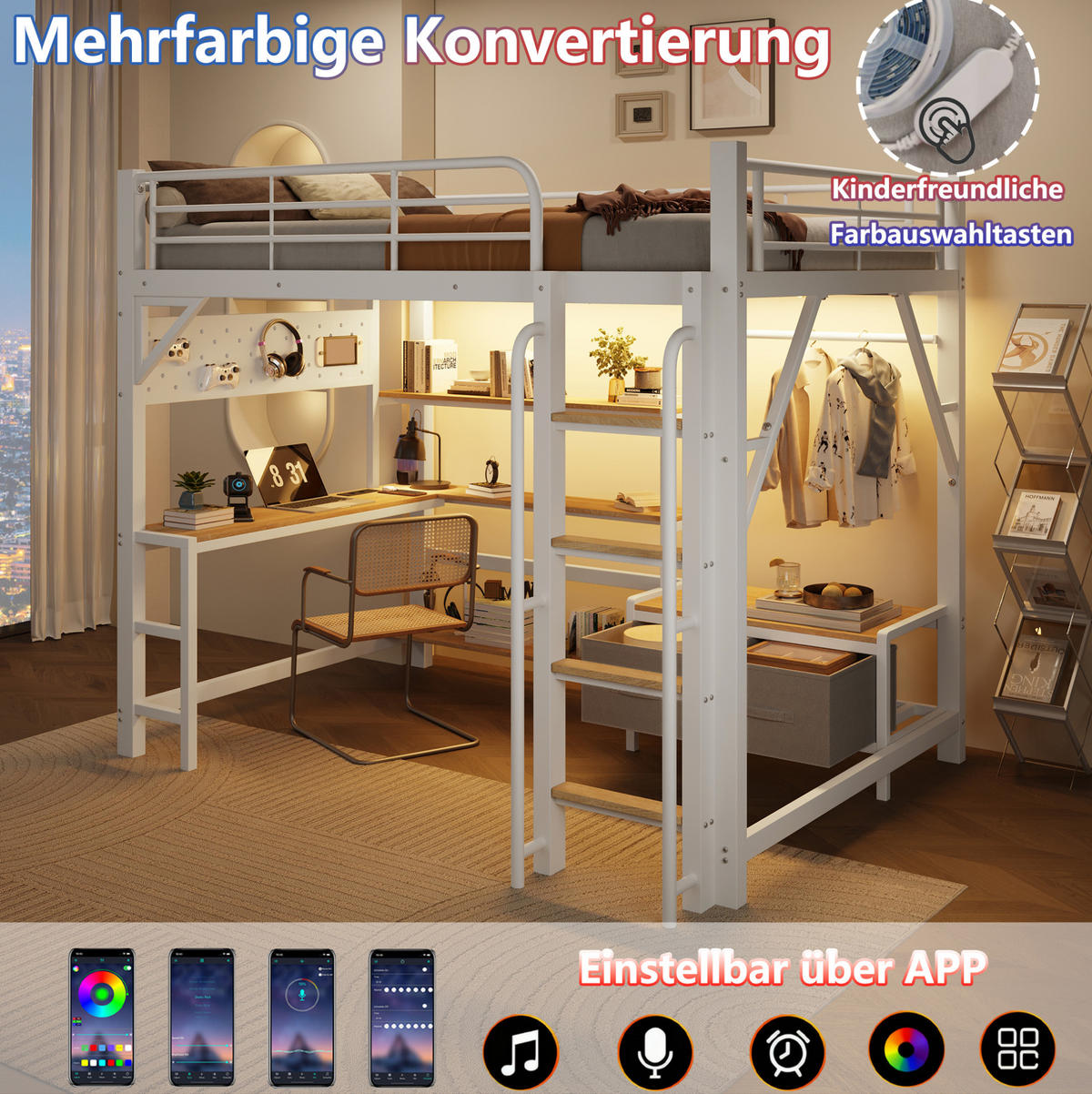 HOCHBETT aus Metall und MDF 140x200 cm Weiß mit Schreibtisch, LED-Leiste, USB und Stauraum - Weiß, Holzwerkstoff (140/200cm) - Modfu