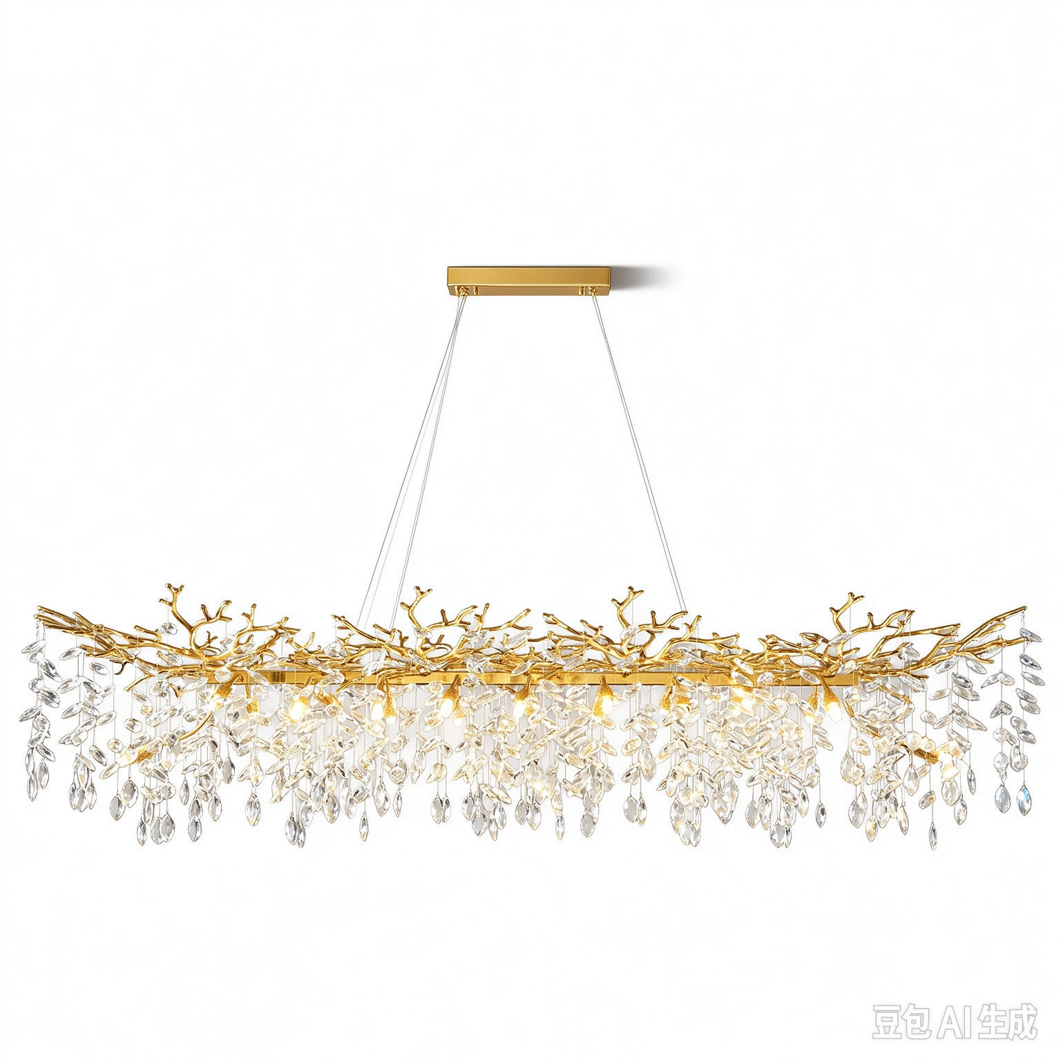KRONLEUCHTER Rechteck 180 cm K9‑Kristall Baumzweig Gold für Esszimmer und Kücheninsel - Gelb, Naturmaterialien (130/38.5/32cm) - Surtime
