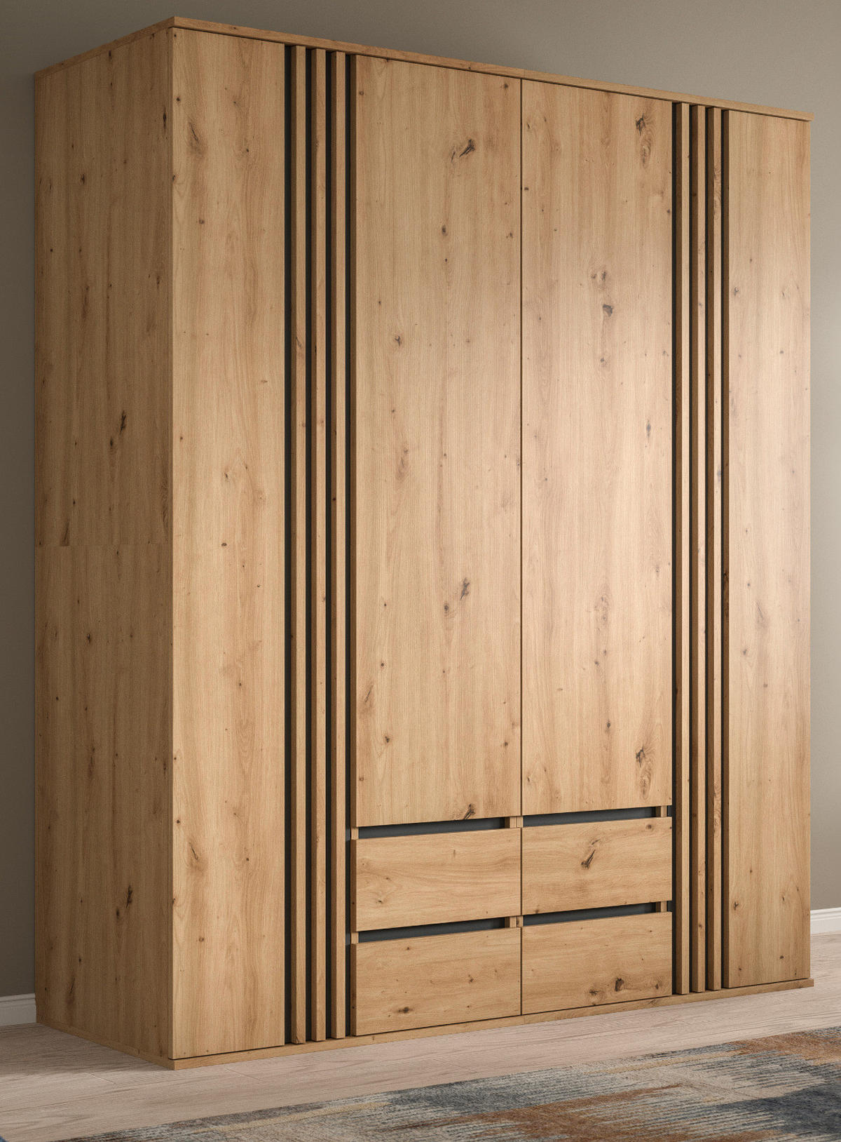 KLEIDERSCHRANK Eiche Artisan, grau 160 x 192 cm 4-türig, Drehtürenschrank mit Schubladen - Anthrazit/Eiche Artisan, Holzwerkstoff (160/192/56cm) - Inn.Furn