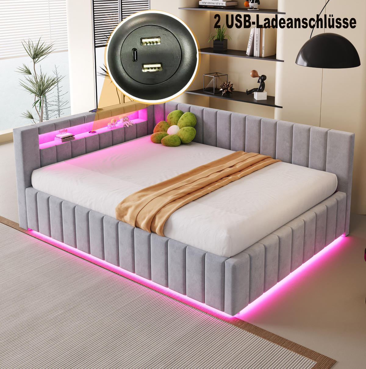 POLSTERBETT 140/200 cm aus Samt mit LED-Beleuchtung USB und Stauraum Grau - Hellgrau, Textil (140/200cm) - Modenvie
