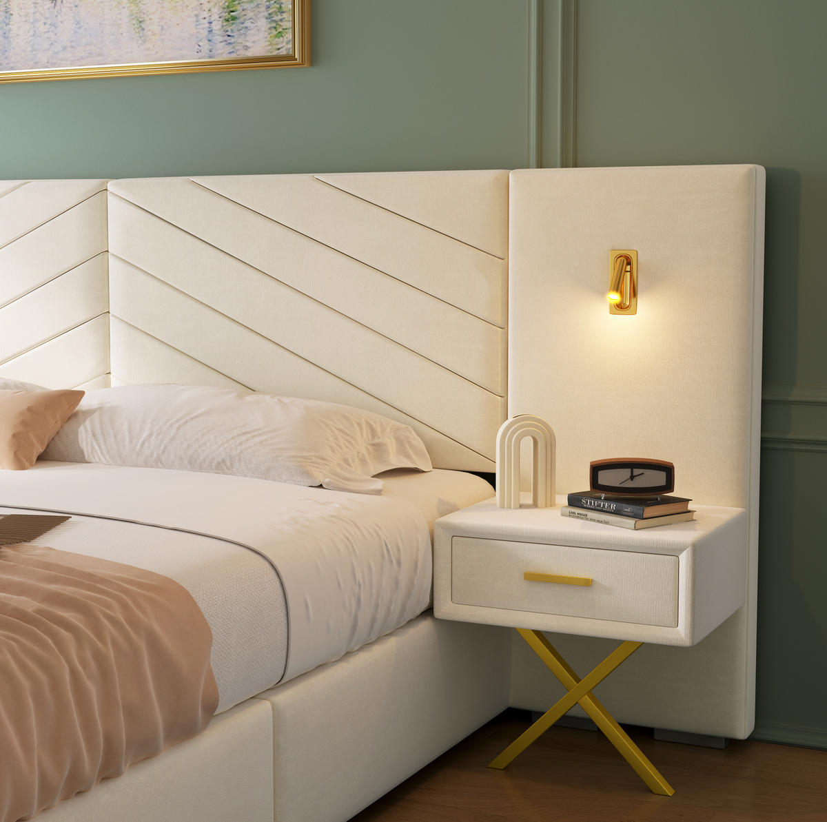 BETT mit Bettkasten 160x200 cm Samt Beige White - Beige, Holz (160/200cm) - Meubliv