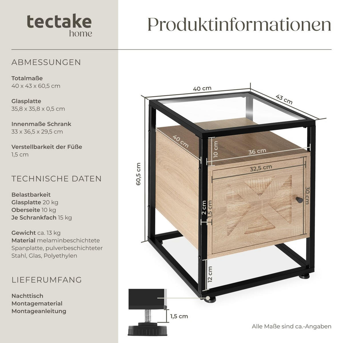 NACHTSCHRANK Kidderminster,40 x 43 60,5 cm,Industrial Holz hell, Eiche Sonoma - Naturfarben, Holzwerkstoff (43/60.5/40cm) - tectake
