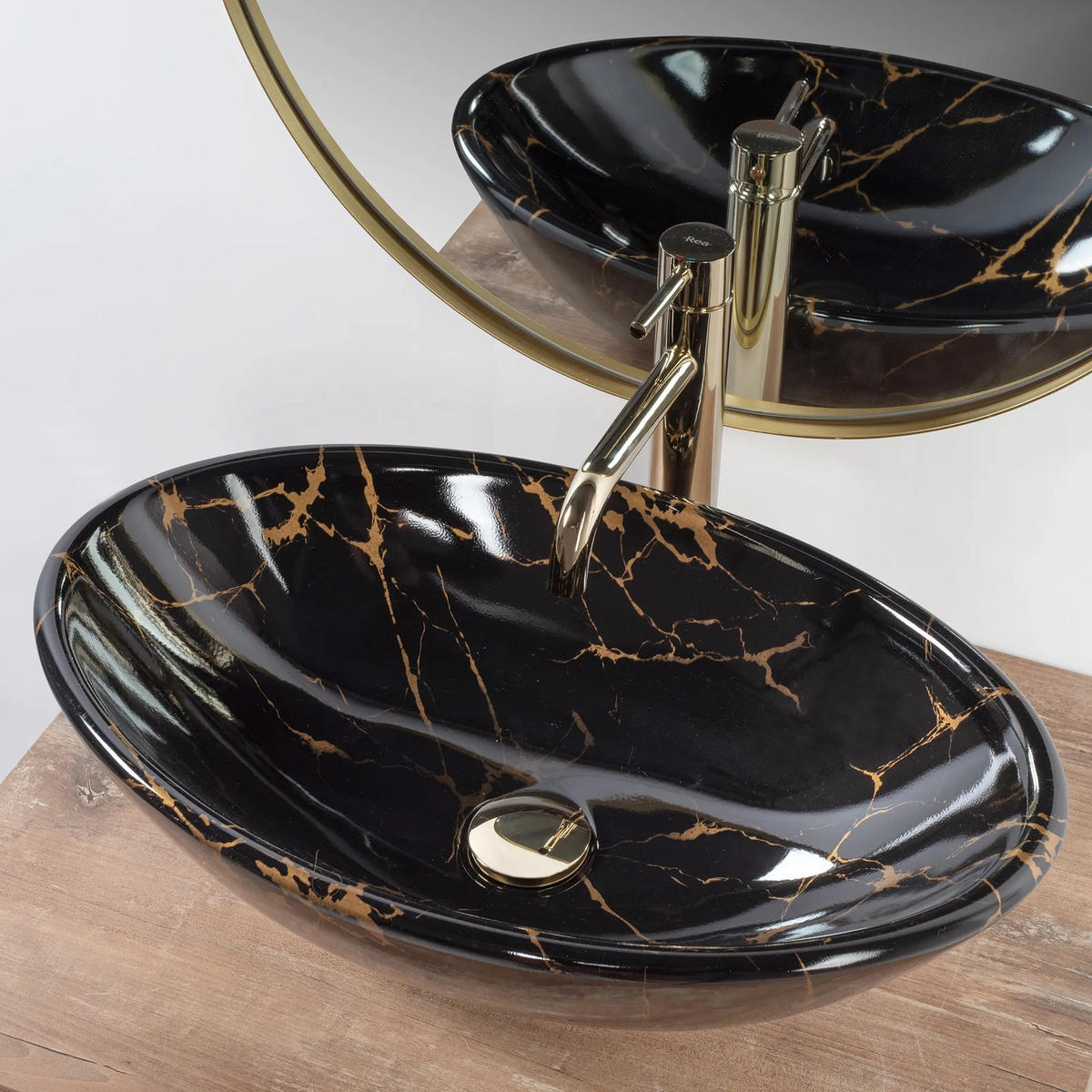 AUFSATZWASCHBECKEN Rea Pamela Black Marble Shiny - Schwarz, Keramik (33/15/53cm) - REA