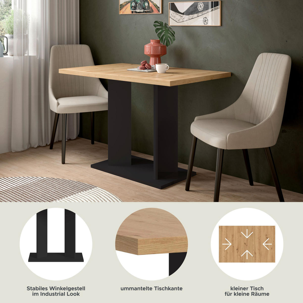 ESSTISCH GUSTAV (B/H/T: ca. 110/76/70 cm) in schwarz/Artisan Eiche Nachbildung - Schwarz, Holzwerkstoff (70/110/76cm)