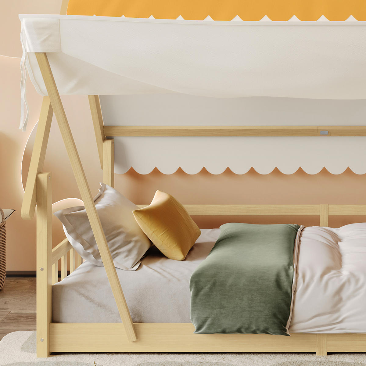 KINDERBETT 90/200 cm Exquisites Holzhausdesign mit abnehmbarem Zelt aus Fichte - Weiß, Holz (90/200cm) - OKWISH