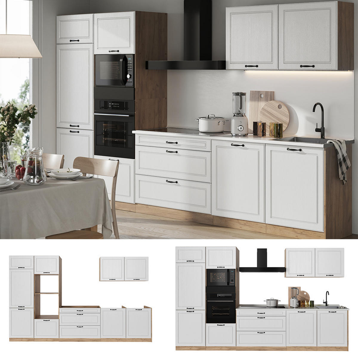 KÜCHENZEILE R-Line, Weiß Landhaus/Goldkraft Eiche, 340 cm Arbeitsplatte Anthrazit - Eichefarben/Weiß, Holzwerkstoff (340/206.8/60cm) - Vicco