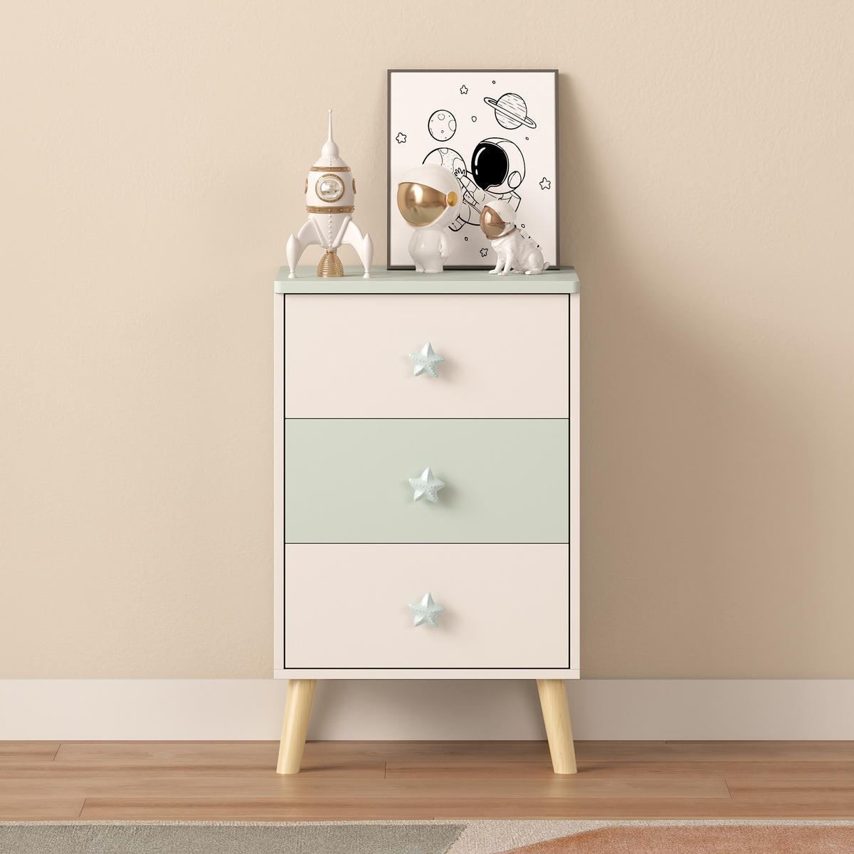 DĚTSKÁ KOMODA Sandnes - bílá/mátově zelená, dřevo/kompozitní dřevo (38/61.5/30cm) - [en.casa]