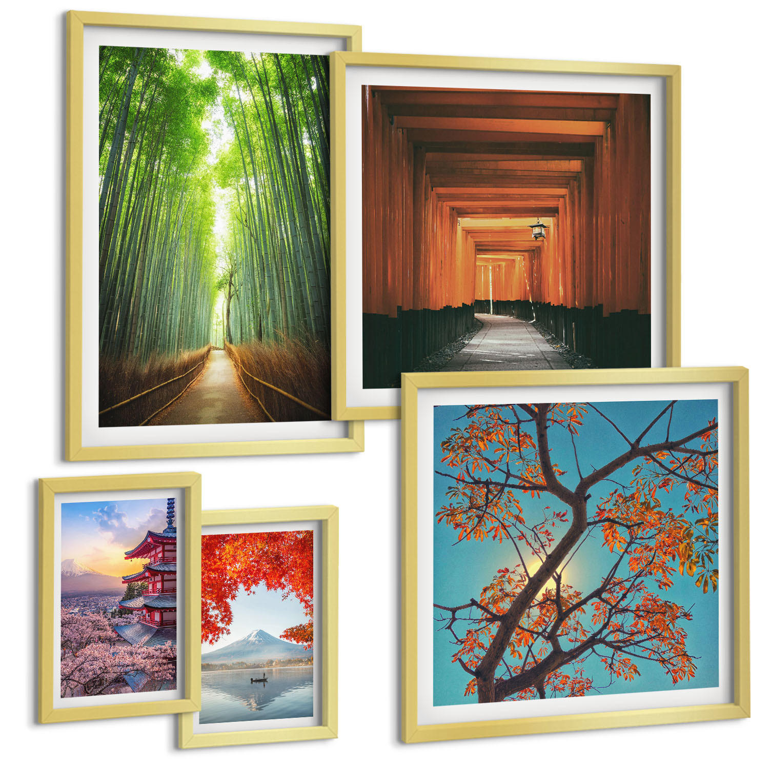 BILDER SET 5er Set - 50x50 cm & 20x30 cm & 40x60 cm Goldrahmen - Meerblick, farbenfrohe Häuser - Goldfarben, Kunststoff (40/60cm) - TULUP