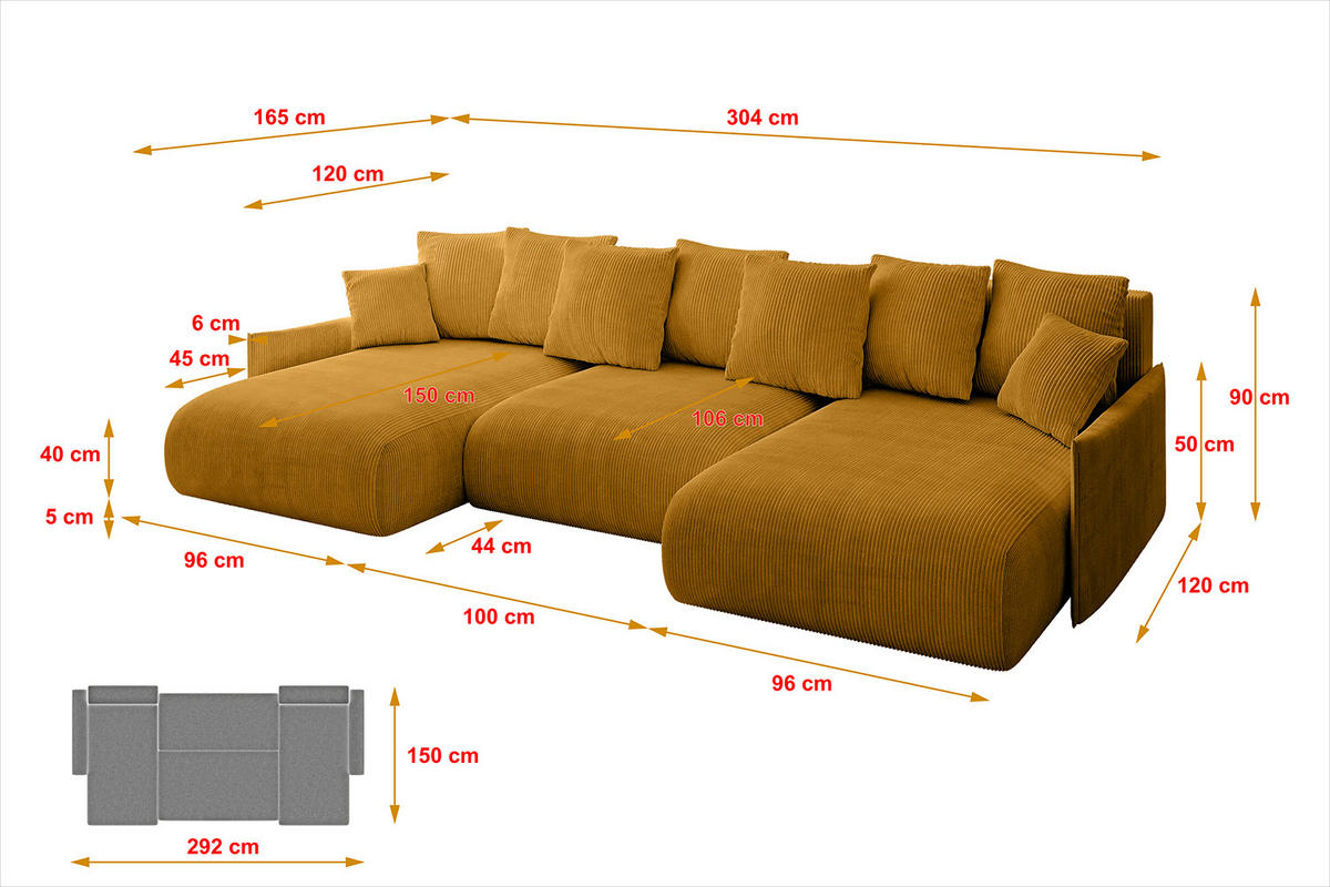 WOHNLANDSCHAFT mit Schlaffunktion und Bettkasten ONESK-U-v1 304x165x40 Senfgelb Cord - Currygelb, Holzwerkstoff/Kunststoff (304/90/165cm) - ALTDECOR