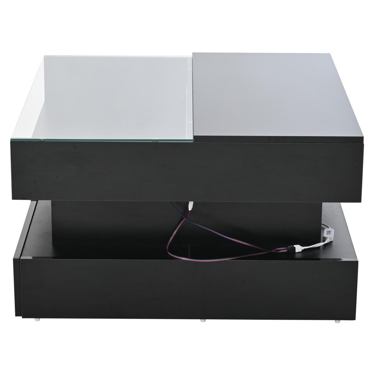 COUCHTISCH 80/80/45 cm schwarz aus Spanplatte und gehärtetem Glas mit Höhenverstellung, LED und Stauraum - Schwarz, Holzwerkstoff (80/80/45cm) - OKMYHOME