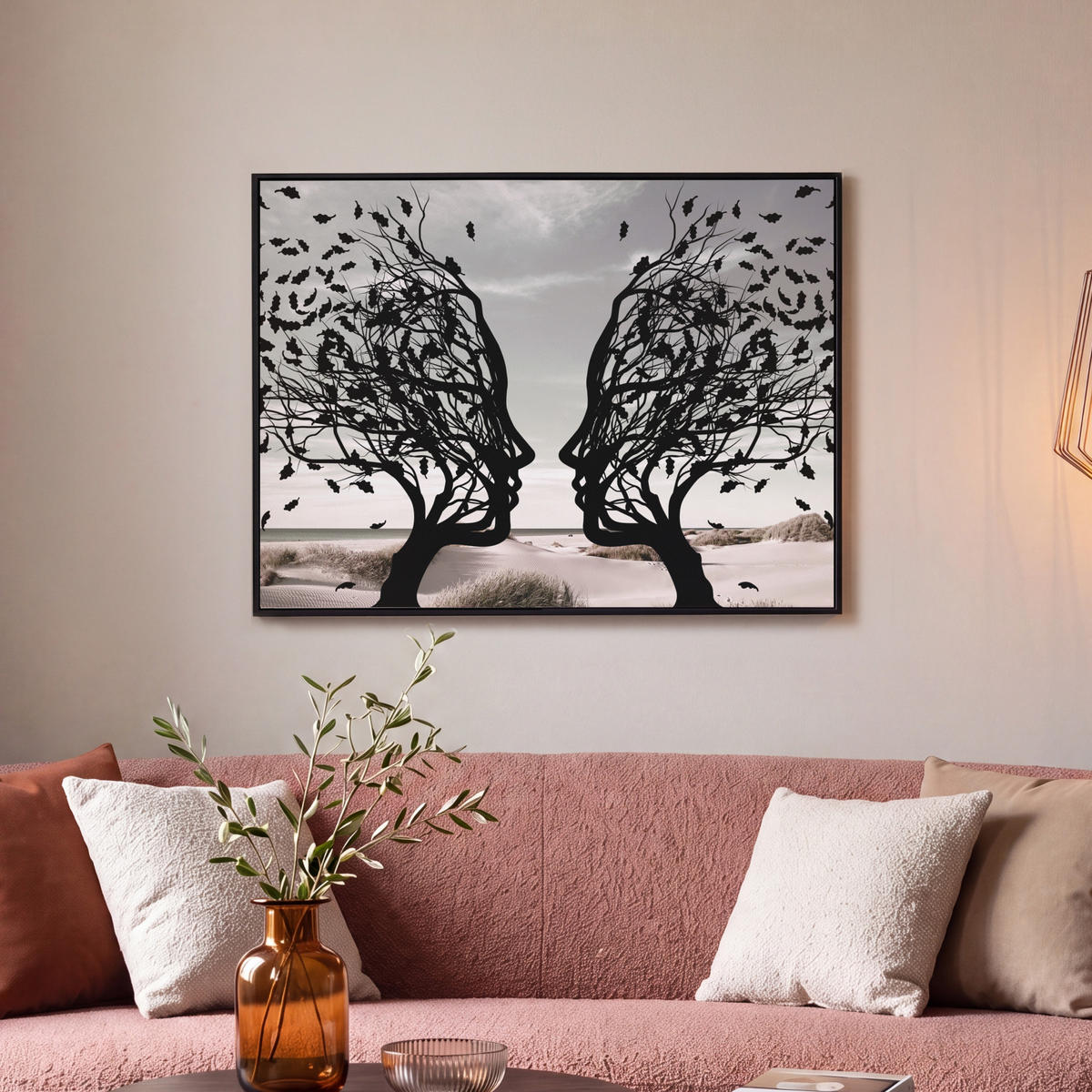 LEINWAND Bilder mit Rahmen - Strand - Meer - Menschen - Baum - Moderne Kunst - 80x60 - Hellgrau, Textil (80/60cm) - MuchoWow