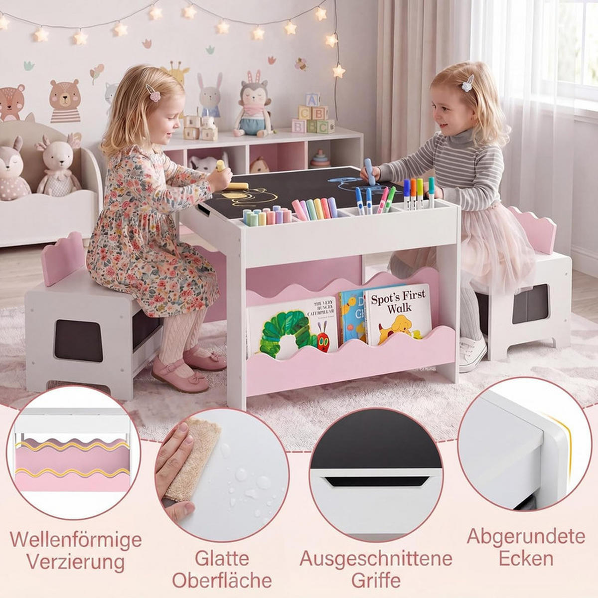 KINDERTISCH mit Stuhl rosa(3-tlg) - Pink, Holzwerkstoff (66/48/64cm) - COSTWAY