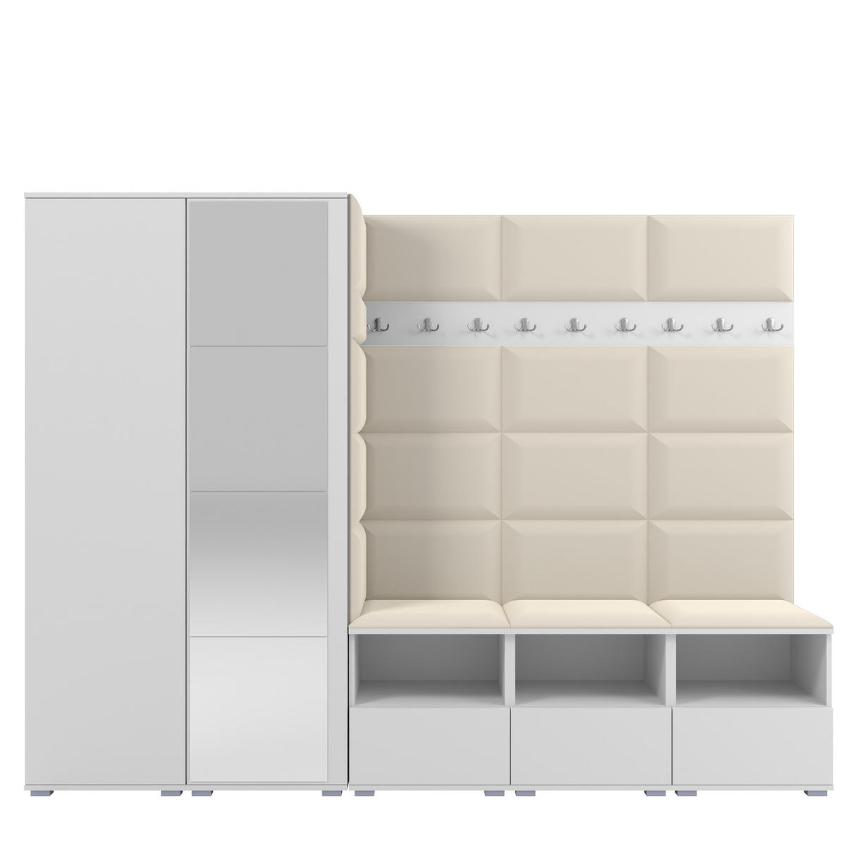 GARDEROBE NELA VII 250 cm (Modulare Flurmöbel XL Weiß mit Spiegel & Sitzpolster Creme 01 Universell) - Silberfarben/Creme, Holz/Holzwerkstoff (250/187/40cm) - Ravio