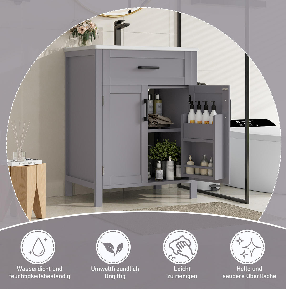 WASCHTISCHKOMBI 60/46/84,8 cm Grau aus Keramik und MDF mit Waschbecken - Grau, Holzwerkstoff (60/84.8/46cm) - OKMYHOME