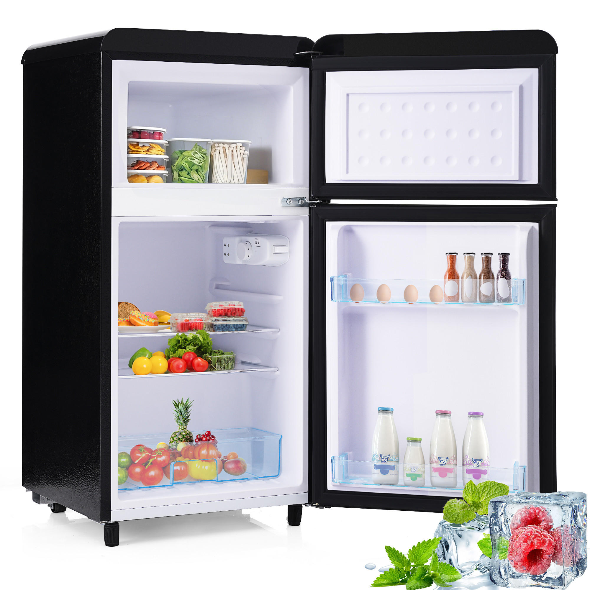 RETRO KÜHLSCHRANK 72L Doppeltür 21L Gefrier LED E Klasse - Schwarz, Kunststoff (45/91/46cm) - FLIEKS