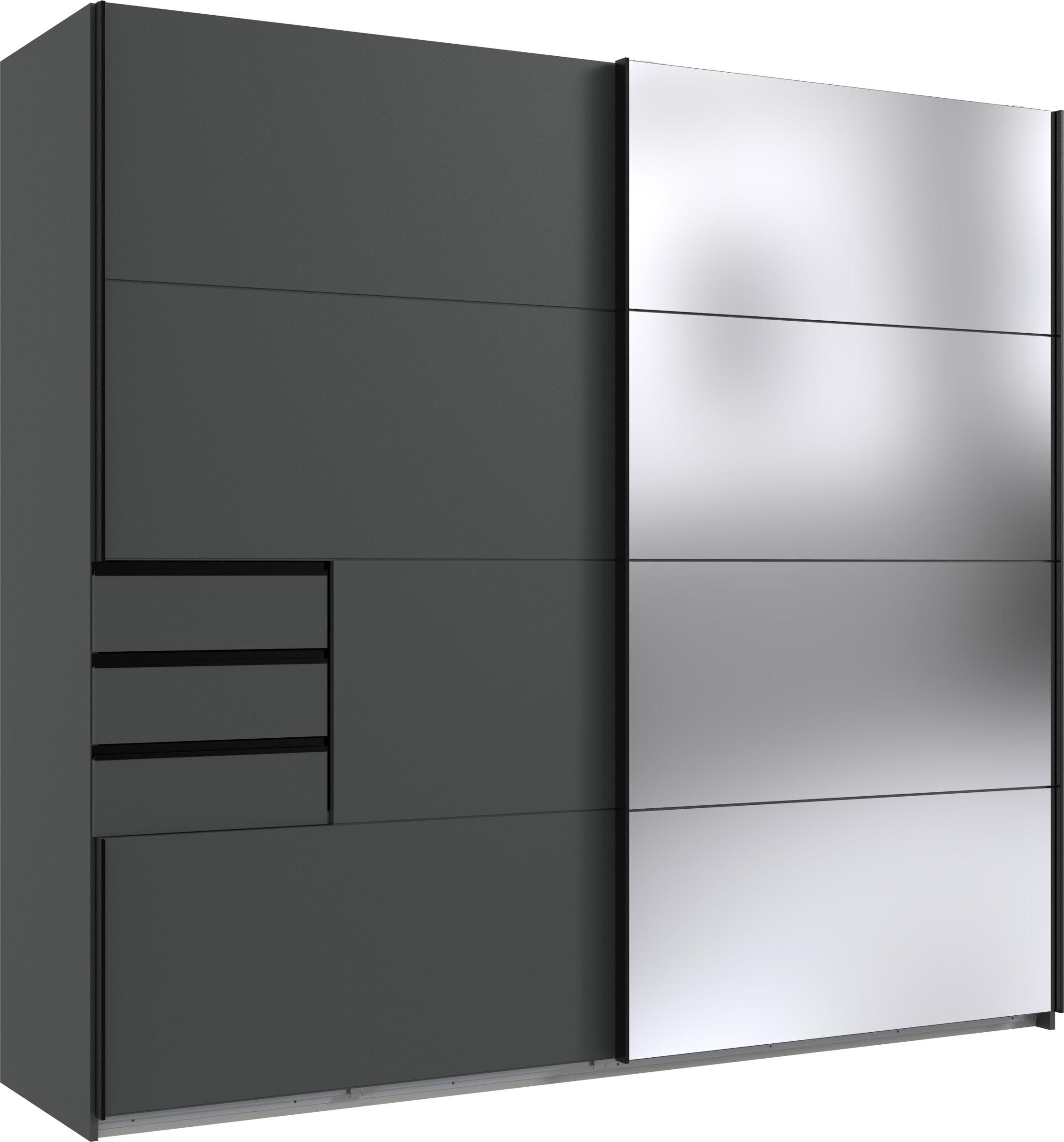 KLEIDERSCHRANK Saigon in Grafit und schwarzen Griffen mit einer Spiegel Türfront – Schwebetürenschrank 2 türig - 225 cm Breite - Grau, Holzwerkstoff (80/200/120cm)