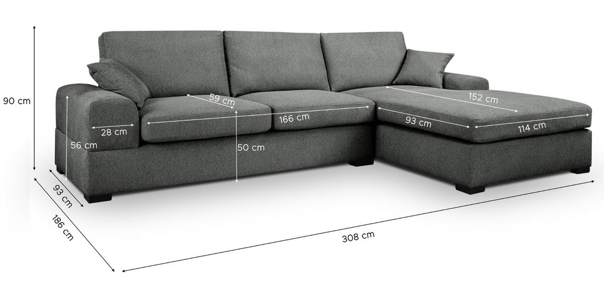 SOFA grau Strukturstoff 308 cm, Ecksofa 5-Sitzer, L-Sofa Ottomane rechts - Schwarz/Grau, Holz/Textil (308/186cm) - Inn.Furn