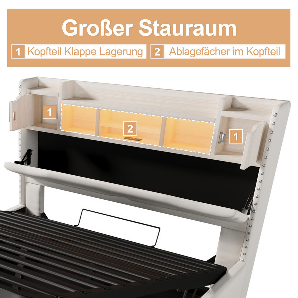 POLSTERBETT 160x200cm Beige USB-C LED-Licht Kopfteil Hydraulik - Beige, Holz (160/200cm) - FLIEKS