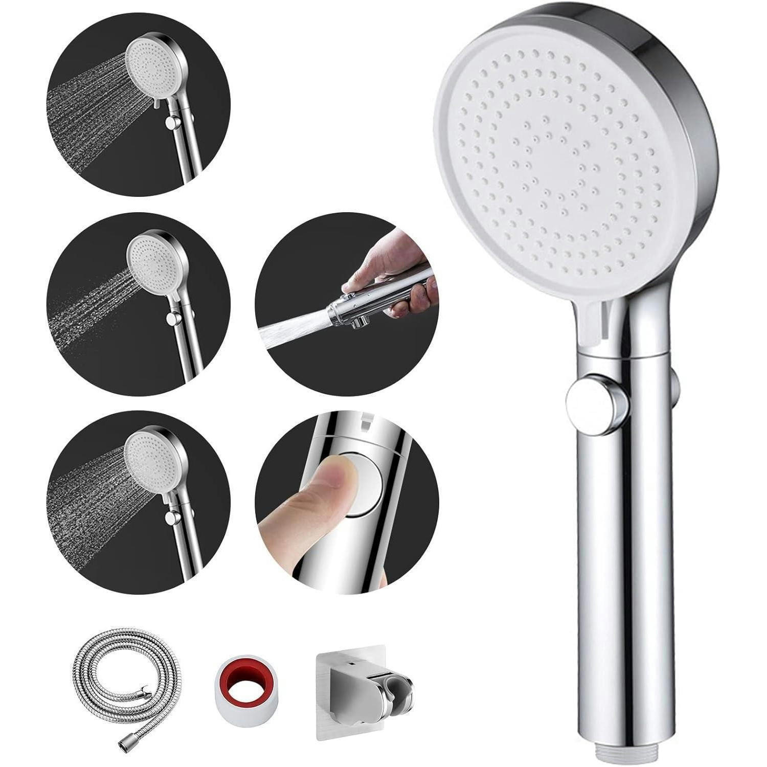 HANDBRAUSE Set 3 Strahlarten Wassersparend mit Schlauch und Halterung - Silberfarben, Metall (9/12.7/24.5cm)
