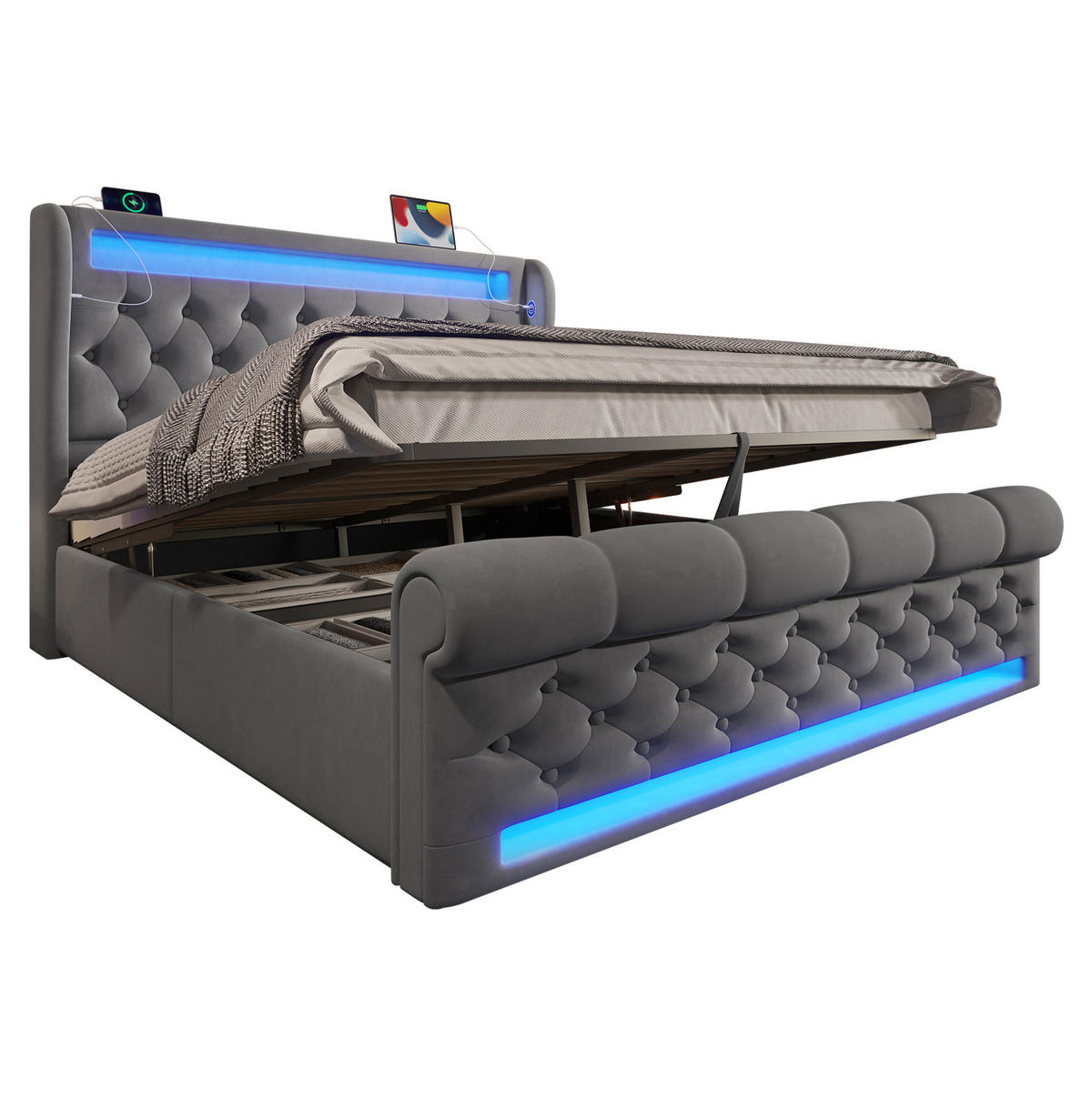 POLSTERBETT aus Samt 140x190 cm in Grau mit LED & USB-/Type-C-Ladestation - Grau, Textil (140/190cm) - Modfu