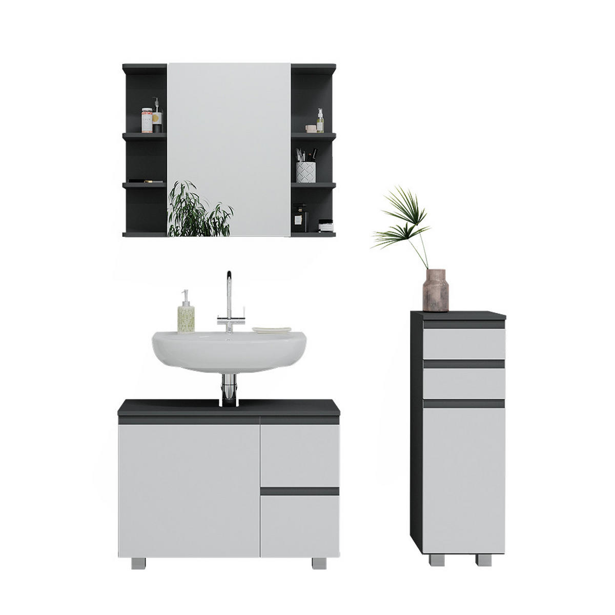 BADMÖBEL-SET J-Shape Anthrazit 3 Teile, mit Midischrank - Anthrazit/Weiß, Holzwerkstoff (80/60/33cm) - Vicco