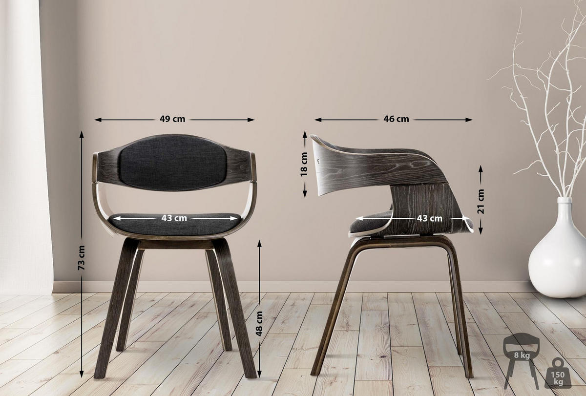 ARMLEHNENSTUHL 2er Set Stoff Grau/Dunkelgrau - Dunkelgrau/Grau, Holz/Textil (49/73/46cm) - CLP