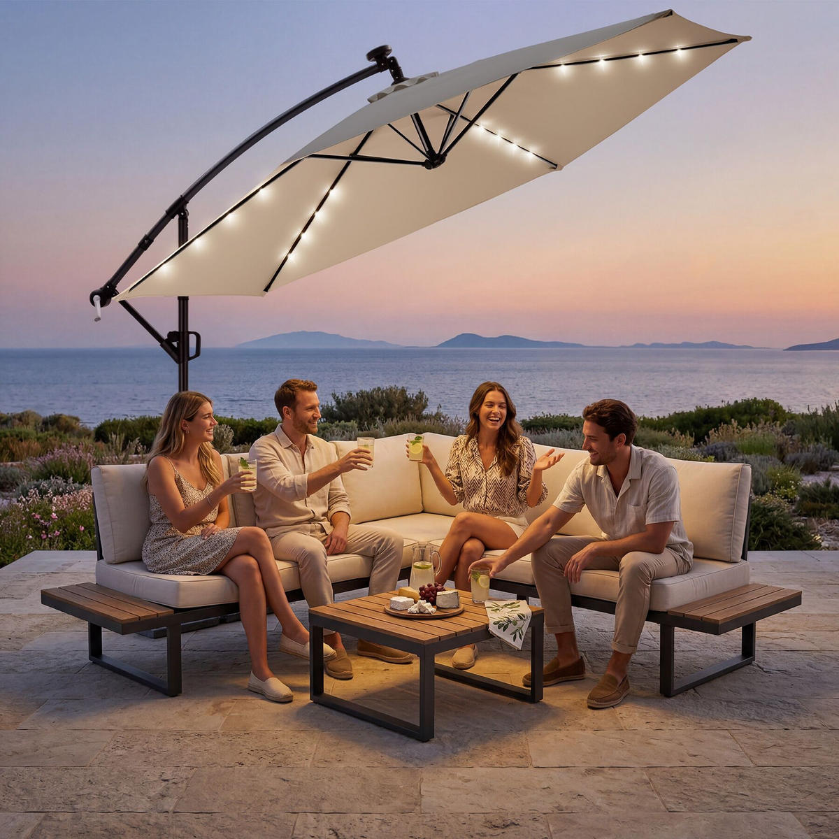 AMPELSCHIRM Artemis, mit LED Solar-Beleuchtung, inkl. Schutzhülle, beige - Beige, Metall (350/337cm) - tectake