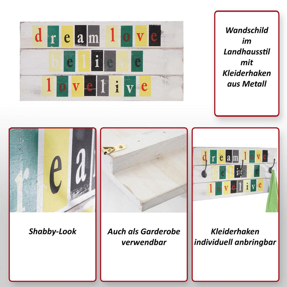 WANDSCHILD BELIEVE SHABBY-LOOK Reinweiß - Weiß, Holz (60/30/8cm) - MCW