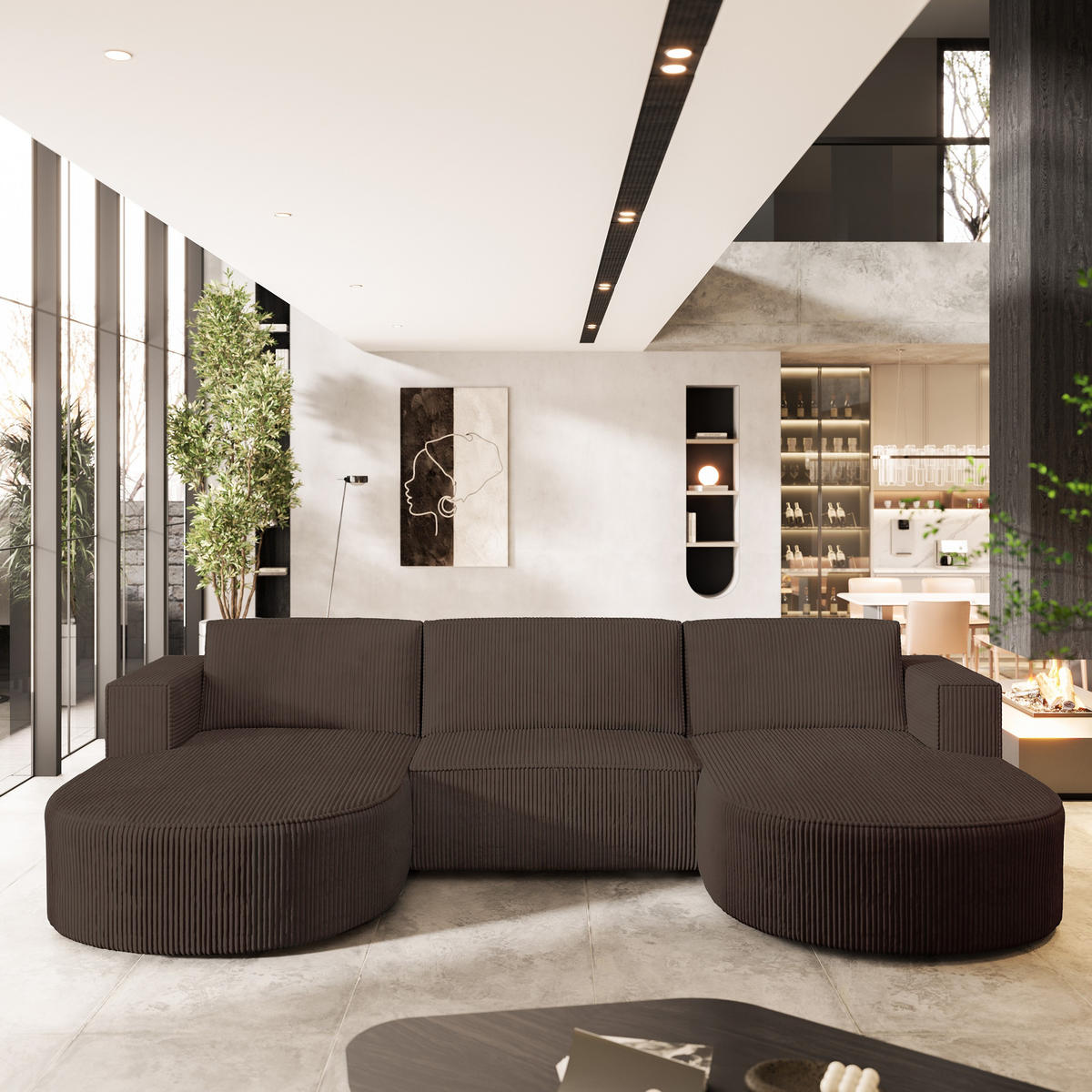 ROHOVÁ SEDAČKA VEZZO hnědá - šedá/hnědá, dřevo/textil (347/174cm) - MASSENO