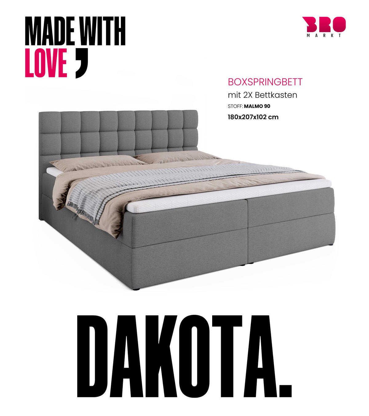 BOXBETT Dakota mit Topper 180/200 Hellgrau - Hellgrau, Textil (180/200cm) - Bromarkt